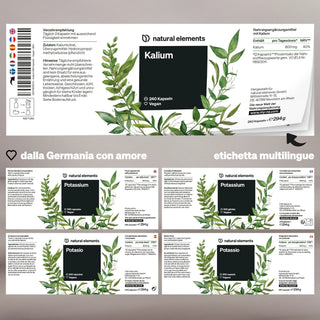 Fünf Beipackzettel für Kaliumkapseln, mit botanischen Abbildungen und mehrsprachigem Text in Deutsch, Englisch, Italienisch, Spanisch.