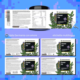 Confezione del prodotto "Power Up" di Natural Elements con etichette multilingue, informazioni nutrizionali e illustrazioni di foglie su uno sfondo blu pixellato.