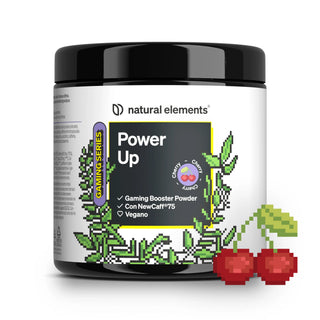 Un contenitore di Natural Elements Power Up Gaming Booster in polvere, al gusto di ciliegia, con ciliegie pixelate e foglie verdi sull'etichetta.