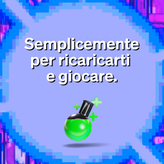 Sfondo pixelato viola e blu con il testo 'Semplicemente per ricaricarti e giocare.' e una bottiglia di pozione verde con un tappo nero e un segno più sotto il testo.