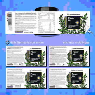 Design dell'etichetta del prodotto per la polvere booster da gaming "Power Up" di Natural Elements, con informazioni sugli ingredienti, valori nutrizionali e confezione multilingue su uno sfondo blu pixelato.