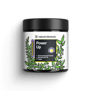 Natural elements Power Up Gaming Booster-Pulver mit verpixelter grüner Grafik und Produktvorteilen auf der Vorderseite.