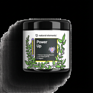 Die Marke "Power Up" von Natural Elements zeigt ein verpixeltes Blatt und Icons für veganen Gaming Booster mit NewCaff™975.