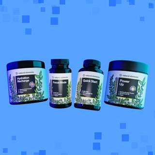 Vier Ergänzungsbehälter mit den Bezeichnungen Hydration Recharge, Focus Mode, Quick Start und Power Up mit von der Natur inspirierten Designs.