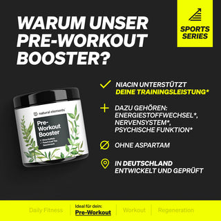 Pre-Workout-Booster-Nahrungsergänzungsmittel im Glas mit den aufgeführten Hauptvorteilen, einschließlich Unterstützung der Leistungsfähigkeit, des Stoffwechsels, des Nervensystems und der geistigen Funktion; aspartamfrei und in Deutschland hergestellt.