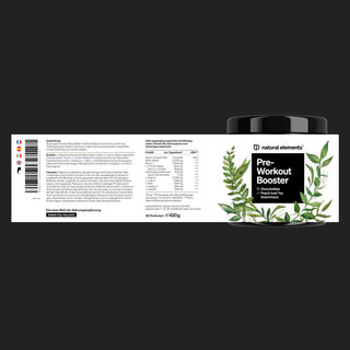 Schwarzer Behälter mit Natural Elements Pre-Workout Booster mit Zutatenliste, Nährwertangaben und grünem Blattdesign auf einem weißen Etikett.