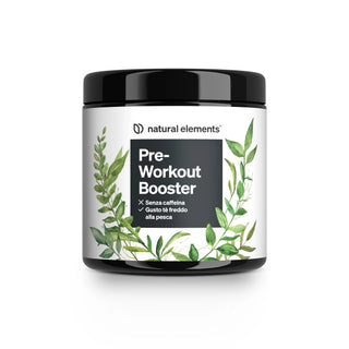 Natural Elements Pre-Workout Booster mit schwarzem Deckel und Etikett mit grünen Blättern und Produktinfos auf Italienisch.