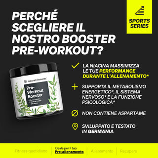 Natural Elements Pre-Workout Booster: steigert die Leistungsfähigkeit, unterstützt den Stoffwechsel und das Nervensystem. Ohne Aspartam.