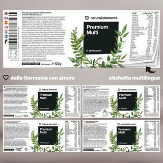 Zutatenliste, Nährwerttabelle und mehrsprachige Informationen zu "natural elements Premium Multi", untermalt mit grünen Blattillustrationen.