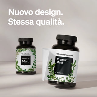 Zwei Flaschen Natural Elements Premium Multi mit altem und neuem Etikett, Text: "Nuovo design. Stessa qualità.