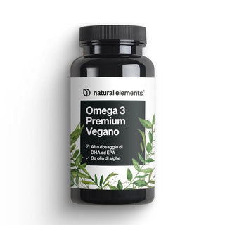 Una bottiglia nera di Natural Elements Omega 3 Premium Vegano integratore alimentare con un'etichetta bianca che raffigura foglie verdi.