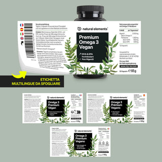 Premium Omega 3 Vegan von Natural Elements mit grünem Blatt-Design und mehrsprachigen Etiketten.