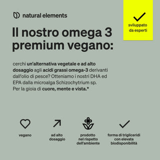 Durch die Einbeziehung natürlicher Elemente stärkt dieser vegane Omega-3-Integrator Körper, Geist und Sehkraft. Quattro icone mostrano i benefici.