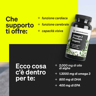 Vegane Omega 3 Supplements unterstützen Herz, Gehirn und Sehkraft mit ALA, DHA und EPA aus Algenöl.