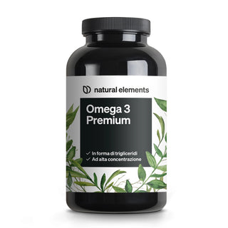 Un flacone nero con la scritta "natural elements Omega 3 Premium", con illustrazioni di foglie verdi e testo in italiano che indica l'alta concentrazione e la forma trigliceride.