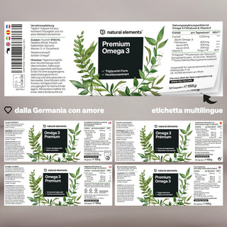 Etichetta per l'integratore “Premium Omega 3” di Natural Elements, con informazioni nutrizionali dettagliate, ingredienti e testo multilingue, decorata con illustrazioni botaniche verdi.