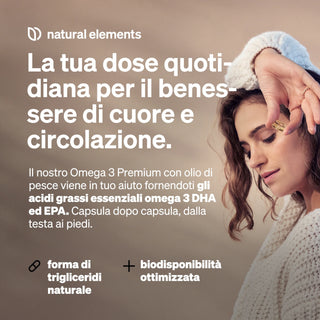 Una giovane donna in un maglione confortevole si rilassa con gli occhi chiusi; il testo italiano promuove integratori Omega-3 per la salute del cuore e del sistema circolatorio, evidenziando la forma naturale di trigliceridi e l'assorbimento ottimizzato.