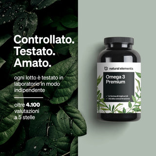 Natural Elements Omega 3 Premium Flasche mit italienischem Text zu Labortests und 5-Sterne-Bewertungen.