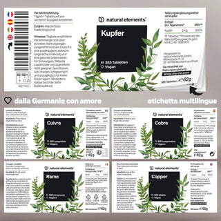 Produktlabel für Natural Elements Kupferpräparate mit Vegan-Siegel, mehrsprachigen Infos und botanischem Design.