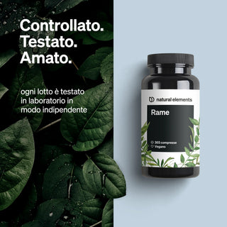 Eine "Rame" Supplementflasche von Natural Elements mit italienischem Text zu unabhängiger Laborprüfung.