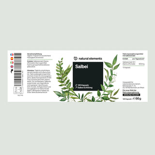 Produktetikett "Salbei" von natural elements mit grünen Kräuterillustrationen und deutschen Angaben wie Zutaten.