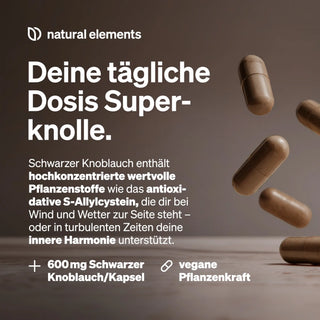 Veganes Ergänzungsmittel mit schwarzem Knoblauch, reich an Antioxidantien und pflanzlichen Nährstoffen.