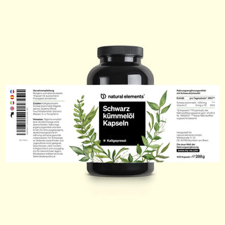 Schwarze Flasche mit der Aufschrift „Schwarzkümmelöl Kapseln“ von natural elements, umgeben von grünen botanischen Illustrationen. Enthält 400 Kapseln à 1000 mg.