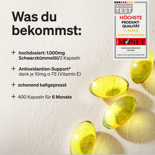 Auf einer weißen Fläche sind vier gelbe Kapseln abgebildet, neben einem Text, der die Dosierung des Produkts, die antioxidative Wirkung, die Kaltpressmethode und die Lieferdauer beschreibt.