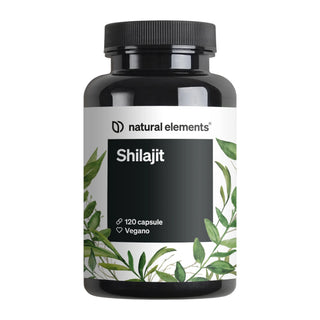 Una bottiglia nera con l'etichetta "Natural Elements Shilajit" con 120 capsule vegane, illustrate con foglie verdi sull'etichetta.