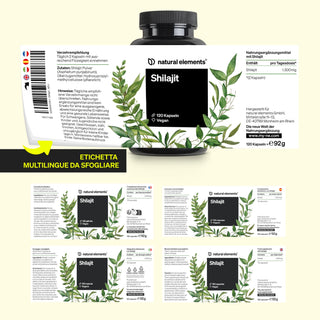 Grünes, mehrsprachiges Shilajit-Kapsel-Etikett mit Pflanzenmotiven und Supplement Facts. Fünf Varianten des Etiketts.