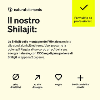 Grafica promozionale per capsule di Shilajit dell'Himalaya, che evidenzia la dose di 1300 mg, l'assenza di additivi, la veganità, l'alta biodisponibilità e la formulazione professionale. Testo in italiano.