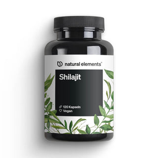 Eine schwarze Flasche mit der Aufschrift „Natural Elements Shilajit“ und einem Blattdesign, die 120 vegane Kapseln enthält.