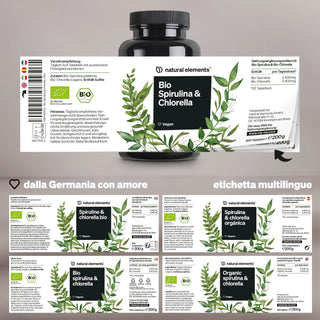 Una bottiglia di Natural Elements Compresse di Spirulina & Clorella Biologiche con etichetta multilingue, certificazione vegana e biologica e grafica a foglia verde su sfondo bianco.