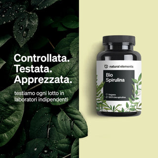 Der italienische Text betont die unabhängigen Labortests für Natural Elements Bio Spirulina.