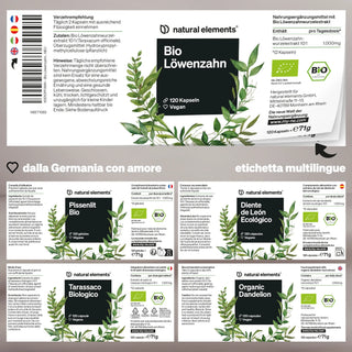 Un set di etichette multilingue per Natural Elements capsule di Tarassaco Biologico con foglie verdi e informazioni in tedesco, italiano, spagnolo, francese e inglese.