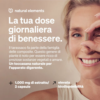 Una donna tiene una capsula alla bocca e sorride. Il testo italiano pubblicizza un integratore giornaliero per il benessere con 1.000 mg di estratto per 2 capsule e ne evidenzia i benefici naturali per la digestione.