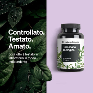Una bottiglia di Tarassaco Biologico Naturkapseln è mostrata accanto a foglie verdi e un testo italiano sui test del prodotto e la certificazione vegana.