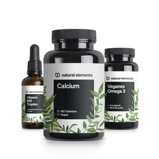 Vegan Hero Bundle von natural elements, Vitamin-B12-Tropfen, Kalziumtabletten und vegane Omega-3-Präparate