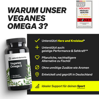 Flasche „Veganes Omega 3“ von Natural Elements mit den aufgeführten Hauptvorteilen wie Herzunterstützung, vegane Zutaten, keine Zusatzstoffe und Leistungsunterstützung beim Sport.