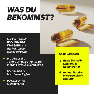 Drei goldene Kapseln auf einer weißen Oberfläche; der Text beschreibt ein Omega-3-Präparat mit DHA und EPA und hebt Dosierung, Bioverfügbarkeit und Vorteile für die Leistungsfähigkeit und die Herz-Kreislauf-Gesundheit hervor.