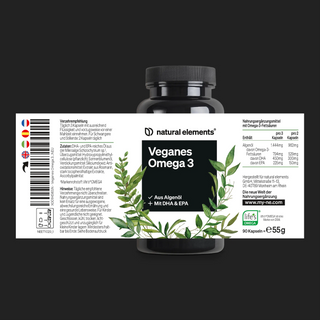 Ein schwarzes Fläschchen mit der Aufschrift "Veganes Omega 3" von Natural Elements, mit grünen botanischen Illustrationen und einem Text, der veganes Omega-3 aus Algen hervorhebt.