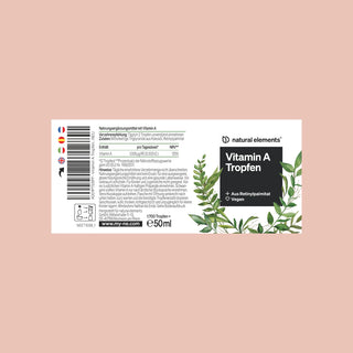 Text in Deutsch für "natural elements Vitamin A Tropfen" mit Strichcode, Zutatenliste und Abbildungen von grünen Blättern.
