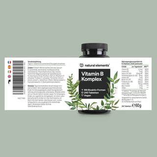 Eine Flasche Vitamin-B-Komplex-Tabletten von Natural Elements mit weißem Etikett, grünem Blätterdesign, Zutatenliste und Nährwertangaben in deutscher Sprache.
