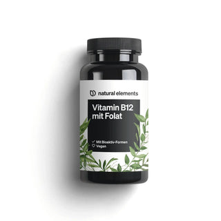 Eine Flasche Vitamin B12 mit Folat-Tabletten von NATURAL ELEMENTS, vegane Tabletten