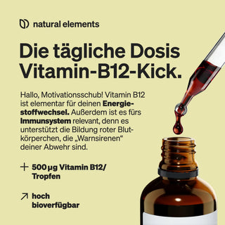Ein Tropfer spendet Flüssigkeit neben einem deutschen Text, der für tägliche Vitamin B12-Tropfen zur natürlichen Unterstützung von Energie und Immunität wirbt.