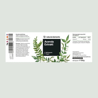 Aufschrift "natural elements Acerola Extrakt" mit grünen Pflanzenillustrationen und Angaben zu vegan, 180 Kapseln, Nährwerte.