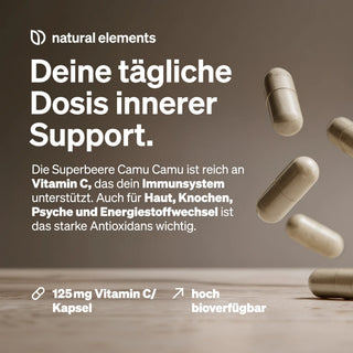Anzeige für Camu Camu Kapseln mit Fokus auf tägliche Unterstützung, viel Vitamin C, Immunsystem und hoher Bioverfügbarkeit.