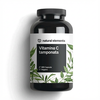Ein Etikett mit "Vitamina C tamponata", grünen Blattgrafiken und dem Hinweis auf 365 vegane Kapseln von Natural Elements.