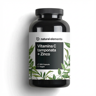 Natural elements Vitamina C tamponata + Zinco, 360 vegane Kapseln, mit grünen Blattillustrationen auf dem Etikett.