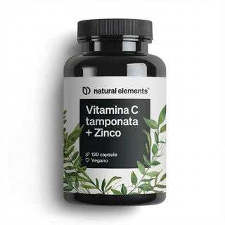 Flasche mit dem Etikett "Vitamina C tamponata + Zinco", 120 veganen Kapseln, und grünen Blattillustrationen.